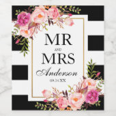 Waterverf Roze Bloemen Zwart Wit Gestreept Wijn Etiket (Enkel label)