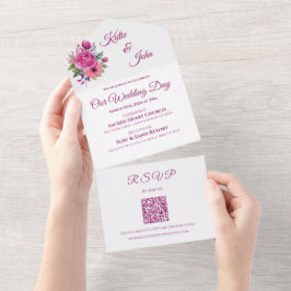 Waterverf roze bloemenboeket-bruiloft- all in one uitnodiging