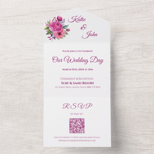 Waterverf roze bloemenboeket-bruiloft- all in one uitnodiging (Binnen)