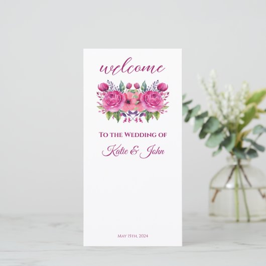 Waterverf roze bloemenboeket-bruiloft programma- (Staand voorkant)