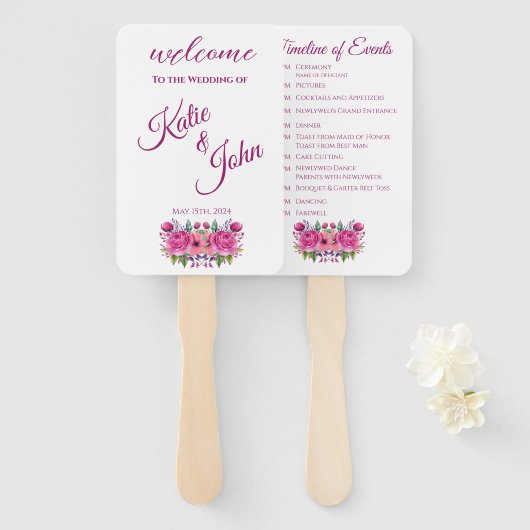 Waterverf roze bloemenboeket-bruiloft programma- handwaaier (Voorkant en achterkant)