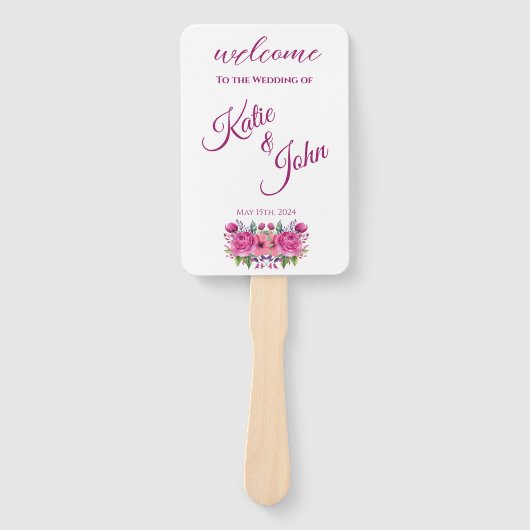 Waterverf roze bloemenboeket-bruiloft programma- handwaaier (Voorkant)