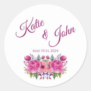 Waterverf roze bloemenboeket-bruiloft- ronde sticker