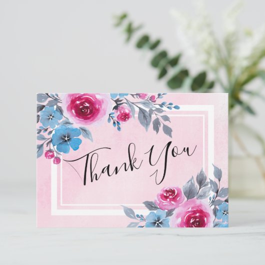 Waterverf roze bloemenbruiloft bedankje kaart (Staand voorkant)