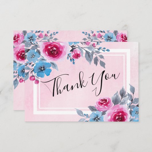 Waterverf roze bloemenbruiloft bedankje kaart (Voorkant / Achterkant)