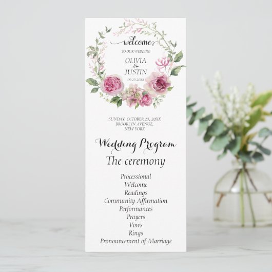 Waterverf roze bloemenbruiloft ceremonie programma (Staand voorkant)
