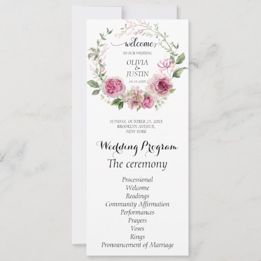 Waterverf roze bloemenbruiloft ceremonie programma (Voorkant)