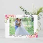 Waterverf roze bloemenbruiloft foto bedankkaart (Staand voorkant)
