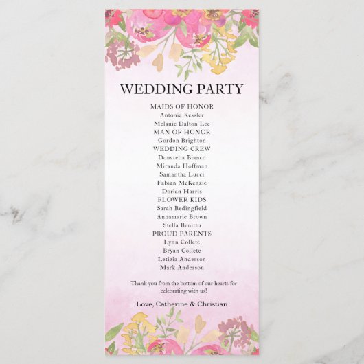 Waterverf roze bloemenbruiloft plat programmakaart (Achterkant)