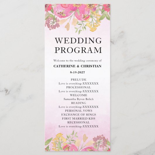 Waterverf roze bloemenbruiloft plat programmakaart (Voorkant)