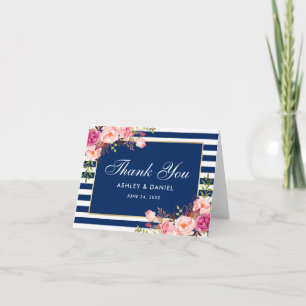 Waterverf Roze Bloemendecor Blauwe Strepen Trouwka Bedankkaart