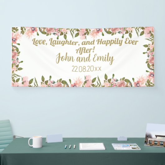 Waterverf roze bloemengroen & gouden bruiloft spandoek (Beurs)