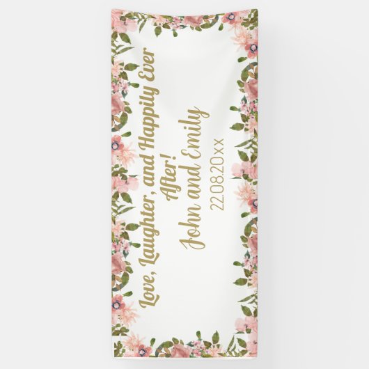 Waterverf roze bloemengroen & gouden bruiloft spandoek (Verticaal)