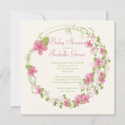 Waterverf roze bloemenkrans Baby shower Kaart (Voorkant)