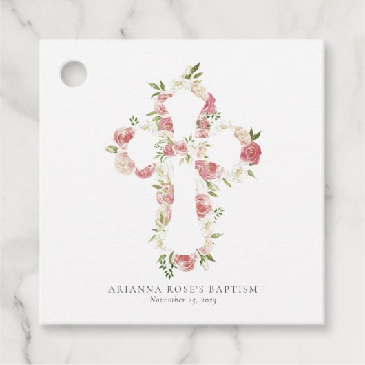 Waterverf roze bloemenkruis doop bedankjes labels (Voorkant)