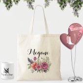 waterverf roze bloemenmonogram naam bruidsmeisje n tote bag