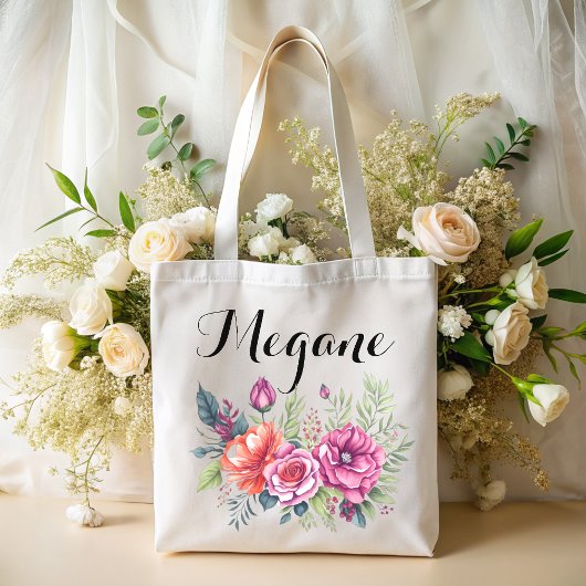 waterverf roze bloemenmonogram naam bruidsmeisje n tote bag