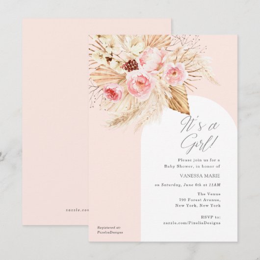 Waterverf roze bloemenpampas baby girl shower kaart (Voorkant / Achterkant)