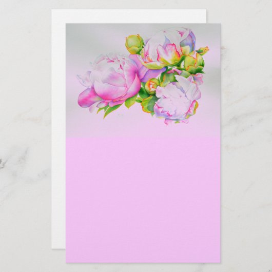 Waterverf roze bloemenroze pioenrozen wit bloemig briefpapier (Voorkant / Achterkant)