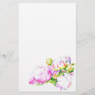 Waterverf roze bloemenroze pioenrozen wit bloemig briefpapier