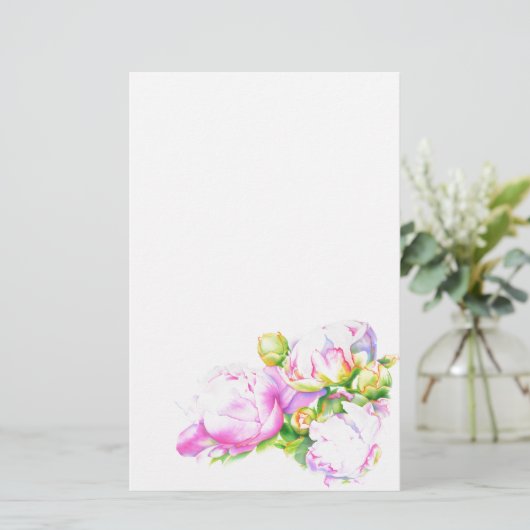 Waterverf roze bloemenroze pioenrozen wit bloemig briefpapier (Staand voorkant)