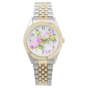Waterverf roze bloemenroze pioenrozen wit bloemig horloge