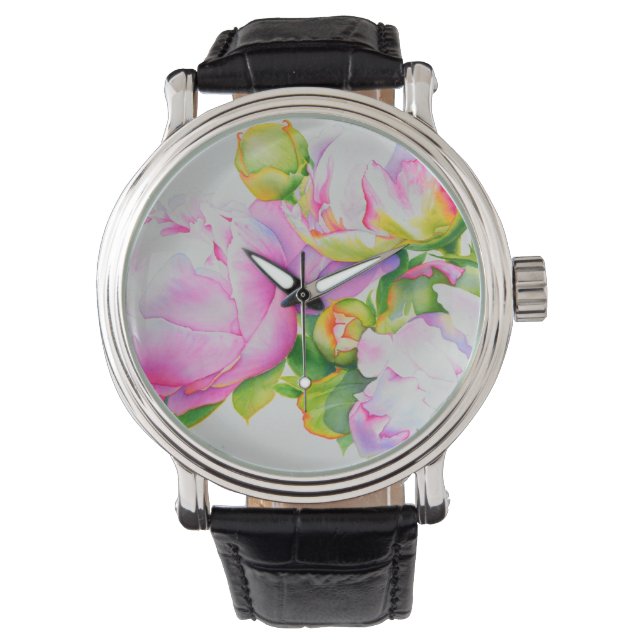Waterverf roze bloemenroze pioenrozen wit bloemig horloge (Voorkant)