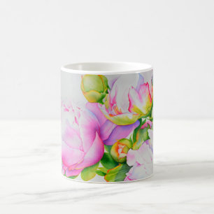 Waterverf roze bloemenroze pioenrozen wit bloemig koffiemok
