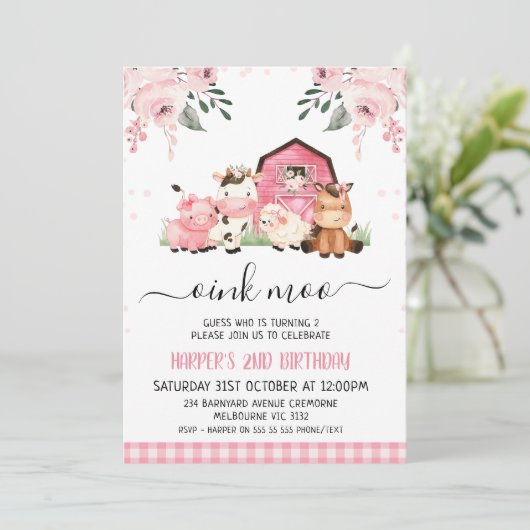 Waterverf Roze Bloemenschuur Boerderijdieren Verja Kaart (Staand voorkant)