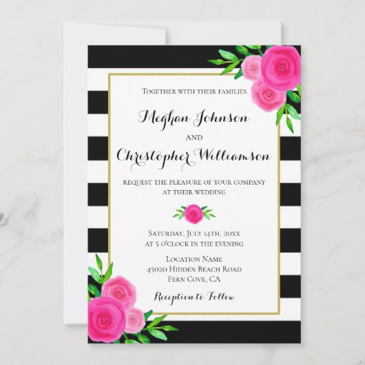  Waterverf roze bloemenstrepen bruiloft Kaart (Voorkant)