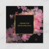 Waterverf roze bloemenzwart goud professional vierkante visitekaartje (Voorkant)