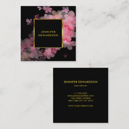 Waterverf roze bloemenzwart goud professional vierkante visitekaartje (Voorkant / Achterkant)