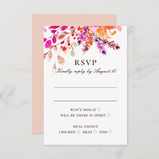 Waterverf roze bloemetjes. Bloementuin bruiloft RSVP Kaartje (Voorkant / Achterkant)