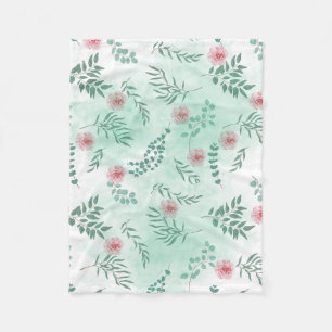Waterverf roze bloemetjes en groene takken botanis fleece deken