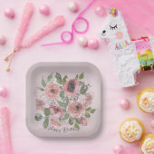 Waterverf Roze bloemetjes op Roze Papieren Bordje (Feest)