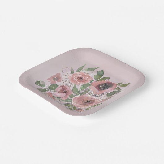 Waterverf Roze bloemetjes op Roze Papieren Bordje (Gebogen)