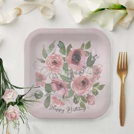 Waterverf Roze bloemetjes op Roze Papieren Bordje