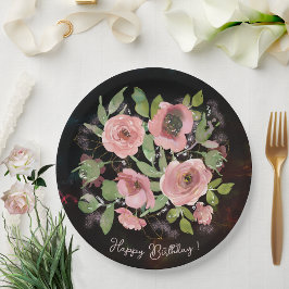 Waterverf Roze bloemetjes op Zwart Papieren Bordje