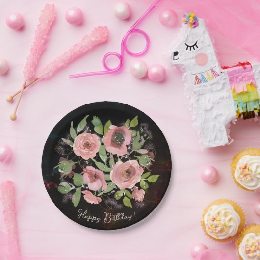 Waterverf Roze bloemetjes op Zwart Papieren Bordje (Feest)