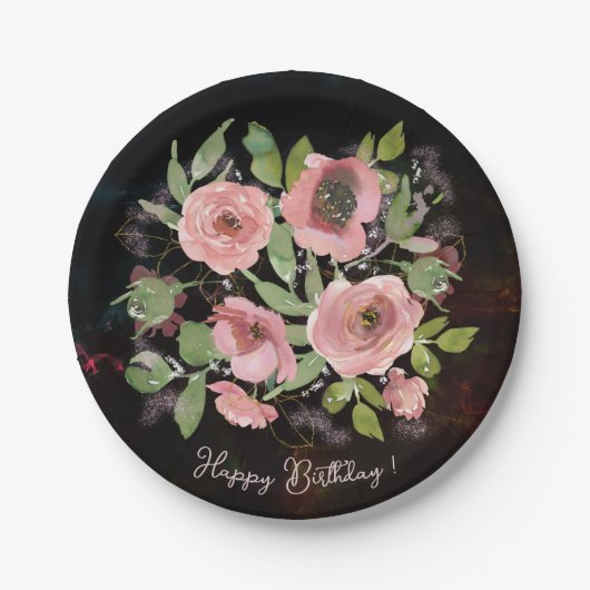Waterverf Roze bloemetjes op Zwart Papieren Bordje (Voorkant)