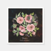 Waterverf Roze bloemetjes op Zwart Servet (Voorkant)