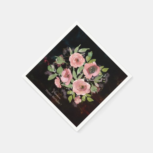 Waterverf Roze bloemetjes op Zwart Servet (Hoek)