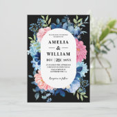 Waterverf roze bloemetjes zwart en wit Bruiloft Kaart (Staand voorkant)