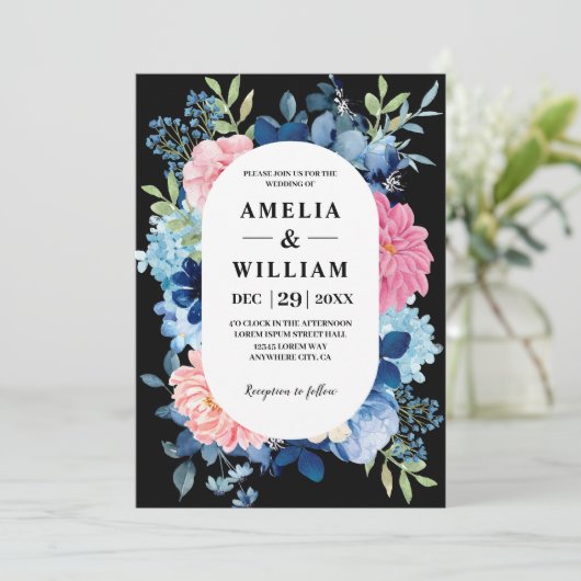 Waterverf roze bloemetjes zwart en wit Bruiloft Kaart (Staand voorkant)