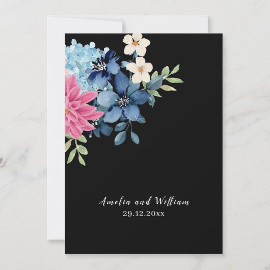 Waterverf roze bloemetjes zwart en wit Bruiloft Kaart (Achterkant)