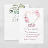 Waterverf Roze Bloemhart Bruiloft RSVP Kaartje (Voorkant / Achterkant)