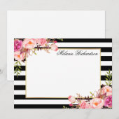 Waterverf roze bloemig elegant gestreept notitiekaartje (Voorkant / Achterkant)