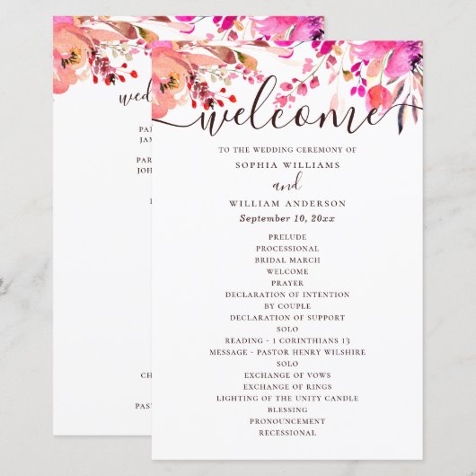 Waterverf roze bloemige bruiloft. Herfstprogramma (Voorkant / Achterkant)