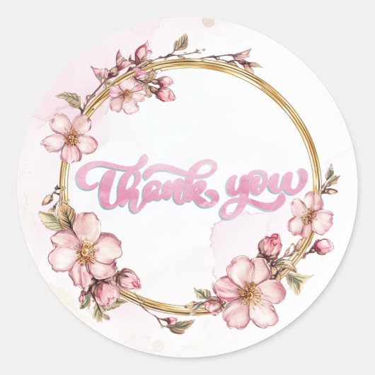 Waterverf Roze Bloemige Dank Je  Ronde Sticker (Voorkant)