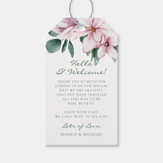 Waterverf Roze Bloemige Eucalyptus Trouw Verwelkom Cadeaulabel (Voorkant)